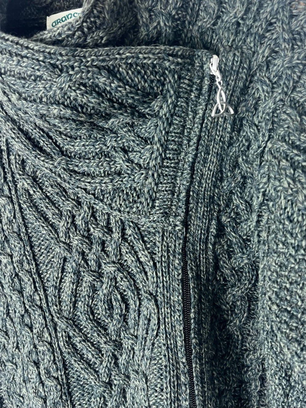 Aran Crafts Marino Wool Green Cable Knit Irish Fisherman Sweater Pockets Medium - Picture 8 of 8